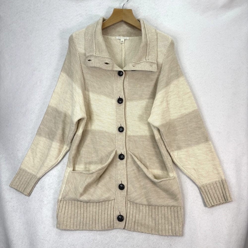 Banana Republic Tan/Cream‎ Merino Wool Chunky Knit Stripe Cowl Neck Cardigan XL